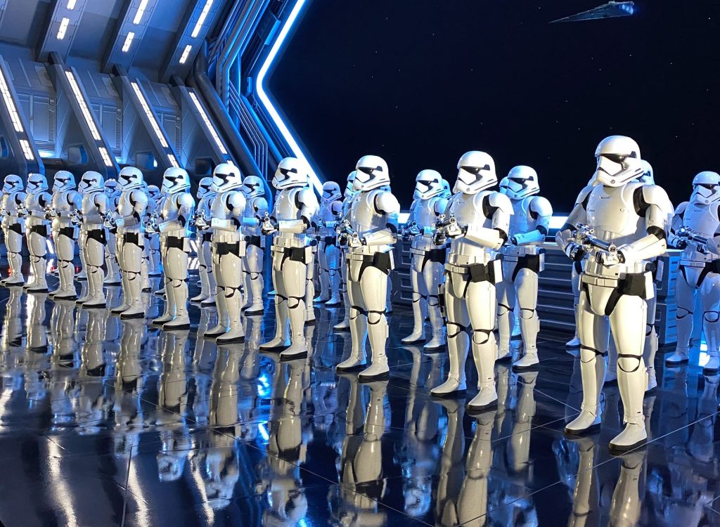 Orlando, FL USA- February 4, 2020: Storm Troopers at the Rise of the Resistance Star Wars ride  in Hollywood Studios Walt Disney World in Orlando, Florida.