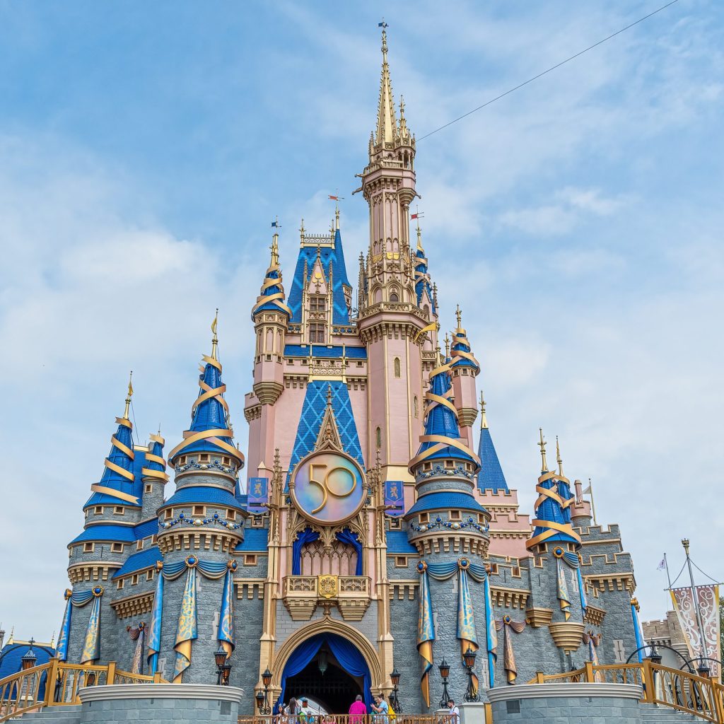 Cinderella Castle in the new pink and blue paint for the 50th celebration