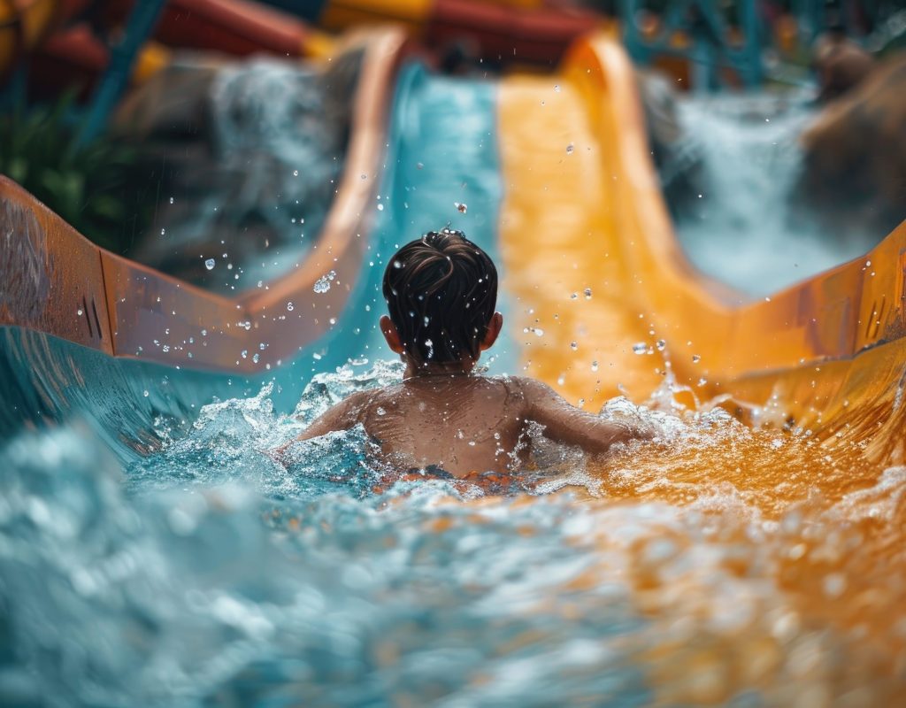 a boy has fun sliding down a slide in a water park in the summer. fun time during summer holidays